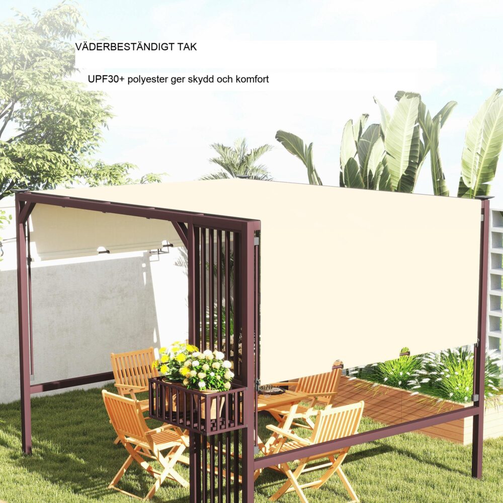 Pergola Paviljong 3×2,5m med Justerbar taklucka, Insynsskydd och Planteringskärl – Mörkbrun