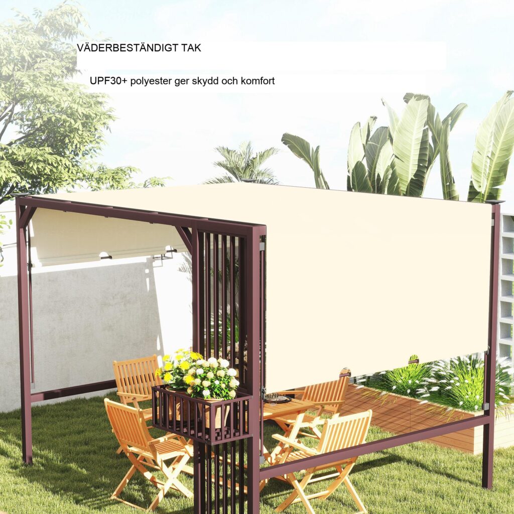Pergola Paviljong 3x2,5m med Justerbar taklucka, Insynsskydd och Planteringskärl - Mörkbrun