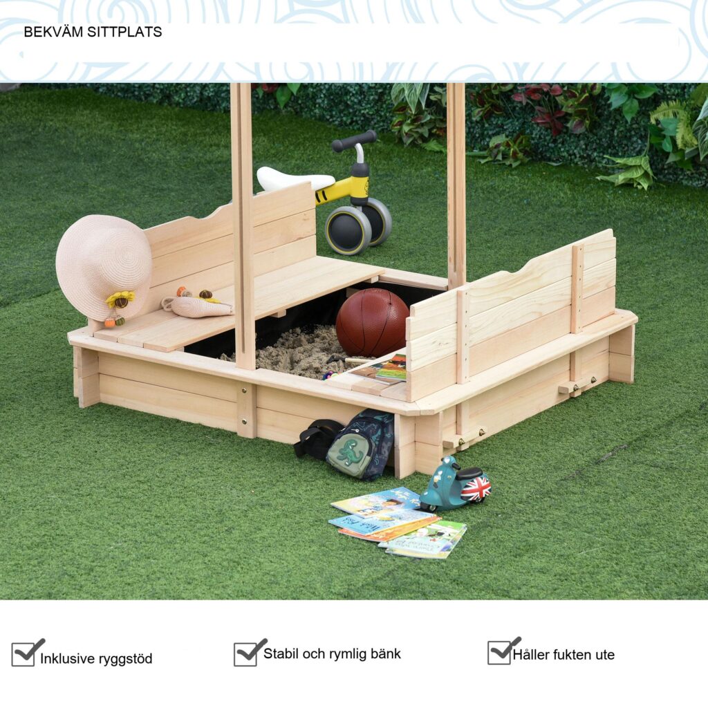 Justerbar sandlåda med barntak och hållbar konstruktion i granträ - hopfällbar och lekvänlig design