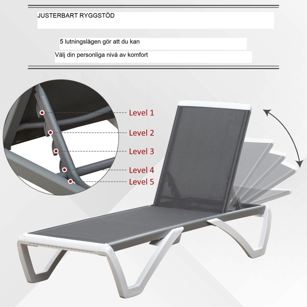 Trädgårdsstol i aluminium med 5-vägs justerbart ergonomiskt ryggstöd – lätt att flytta med hjul