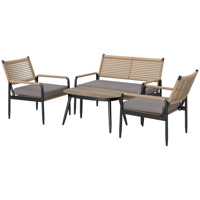 Trädgårdsmöbler Set av Poly Rotting Lounge Set med 2-sits soffa Fåtölj Glas Bordsdyna Väderbeständig sittgrupp för 4 personer Utomhus Balkong Möbler Set Utemöbler för trädgård Balkong Mörkgrå+Gul