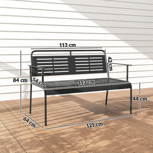 Robust 2-sits trädgårdsbänk i stål med bekvämt ryggstöd och armstöd | Vattenavvisande lamelldesign | 240 kg lastkapacitet