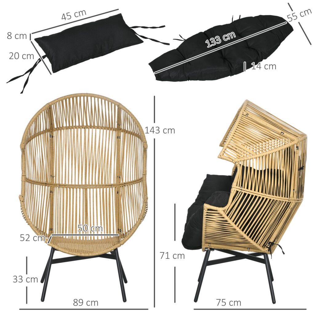 rotting trädgårdsfåtölj korgstol med tjock sittdyna och nackstöd - äggformad design för utomhusbruk, stöder upp till 120 kg
