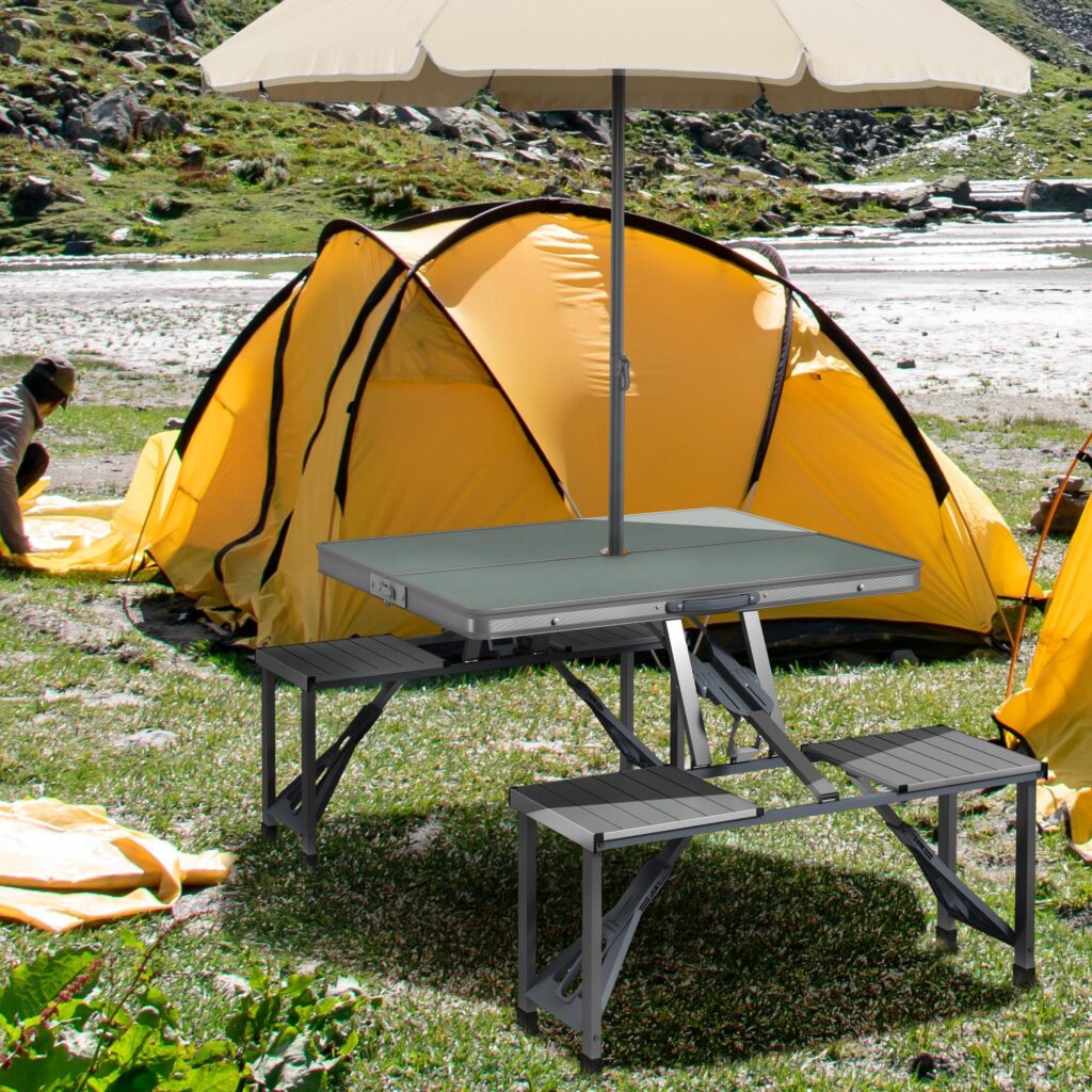 Bärbart campingbordsset med 4 inbyggda stolar – hopfällbar resväskedesign, aluminiumram, paraplyhål