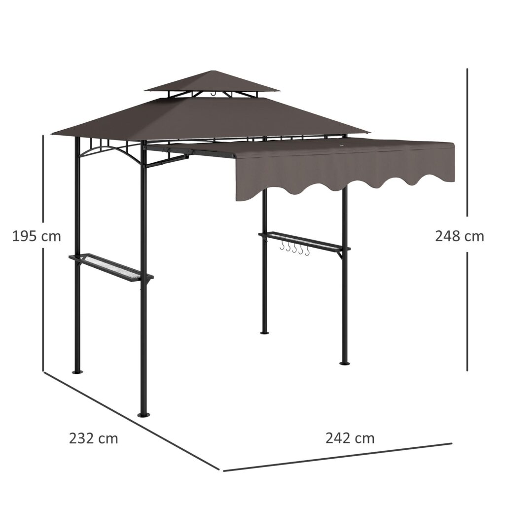 Justerbar grillpaviljong med dubbelskiktat flamskyddat tak, vattenavvisande och UV 30+ skydd, sidohyllor för förvaring