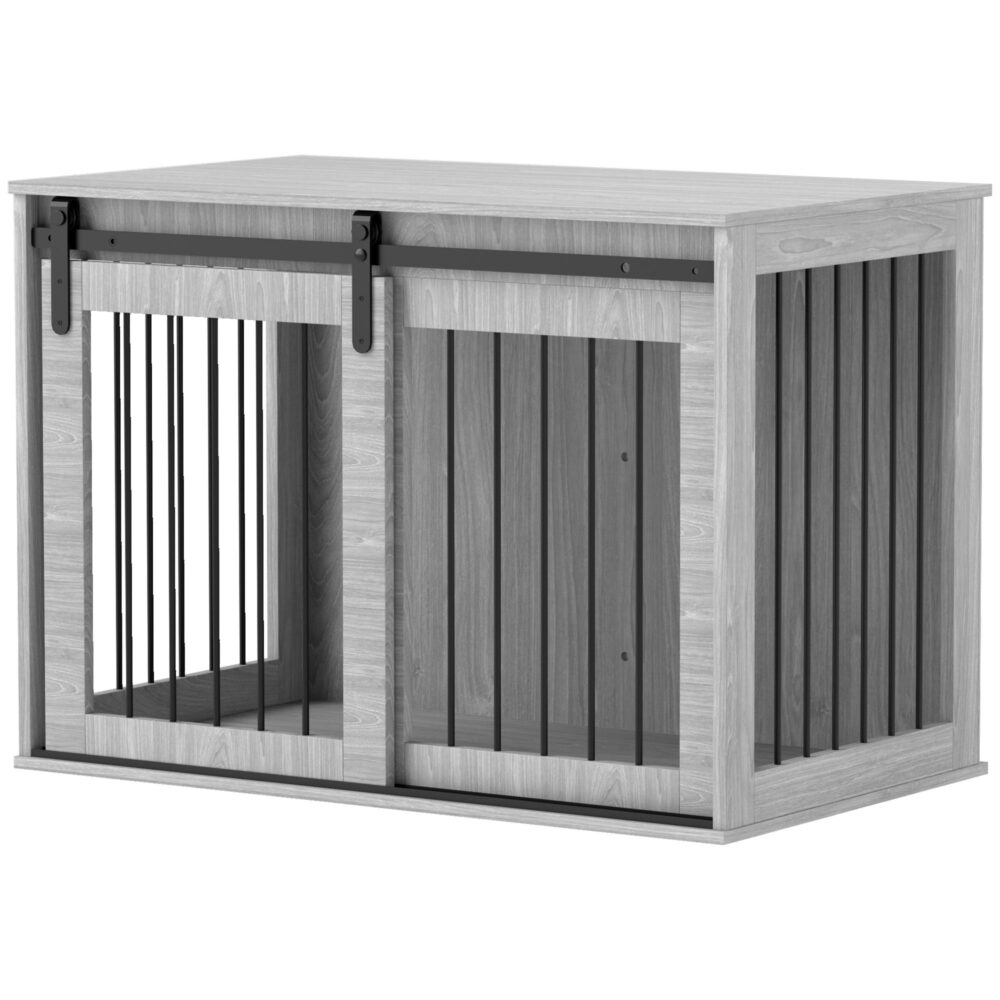 Hundbur för stora hundar med skjutdörrlås – Säker och mysig kennel | Snygg design (grå, upp till 30 kg)