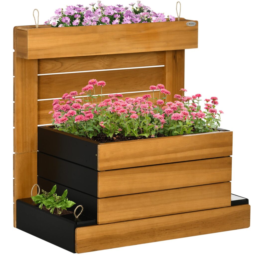 Självvattnande planteringslåda med 4 planteringslådor, ram i massivt trä, fleecefoder - 79,5 x 49,5 x 80 cm