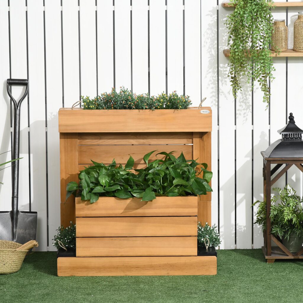 Självvattnande planteringslåda med 4 planteringslådor, ram i massivt trä, fleecefoder - 79,5 x 49,5 x 80 cm