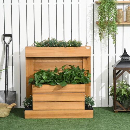 Självvattnande planteringslåda med 4 planteringslådor, ram i massivt trä, fleecefoder – 79,5 x 49,5 x 80 cm