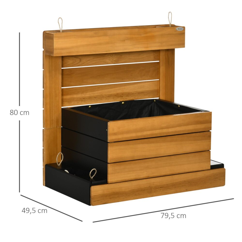Självvattnande planteringslåda med 4 planteringslådor, ram i massivt trä, fleecefoder – 79,5 x 49,5 x 80 cm