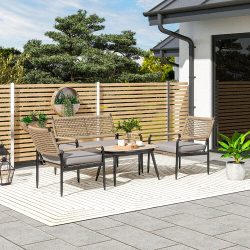 Trädgårdsmöbler Set av Poly Rotting Lounge Set med 2-sits soffa Fåtölj Glas Bordsdyna Väderbeständig sittgrupp för 4 personer Utomhus Balkong Möbler Set Utemöbler för trädgård Balkong Mörkgrå+Gul