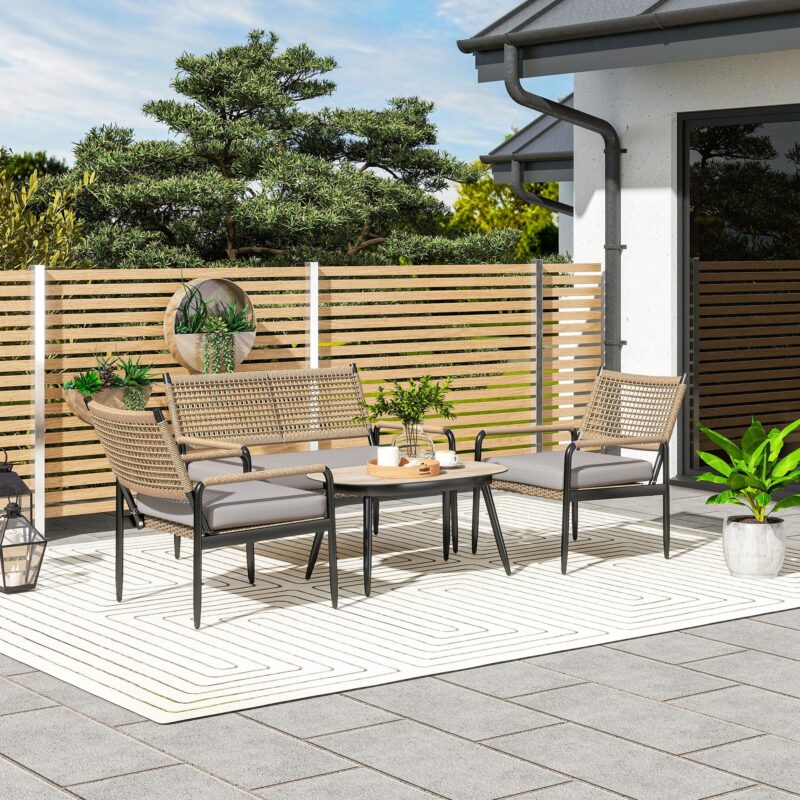 Trädgårdsmöbler Set av Poly Rotting Lounge Set med 2-sits soffa Fåtölj Glas Bordsdyna Väderbeständig sittgrupp för 4 personer Utomhus Balkong Möbler Set Utemöbler för trädgård Balkong Mörkgrå+Gul