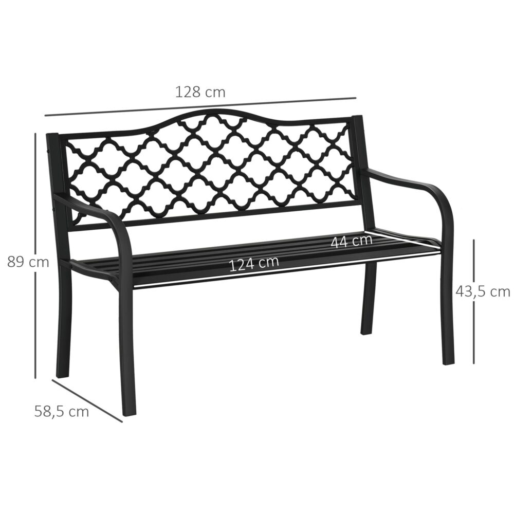 Robust trädgårdsbänk i gjutjärn och stål för två med hög stabilitet | Elegant ryggstöd och armstöd för bekvämt sittande | Svart finish | Stöder upp till 240 kg