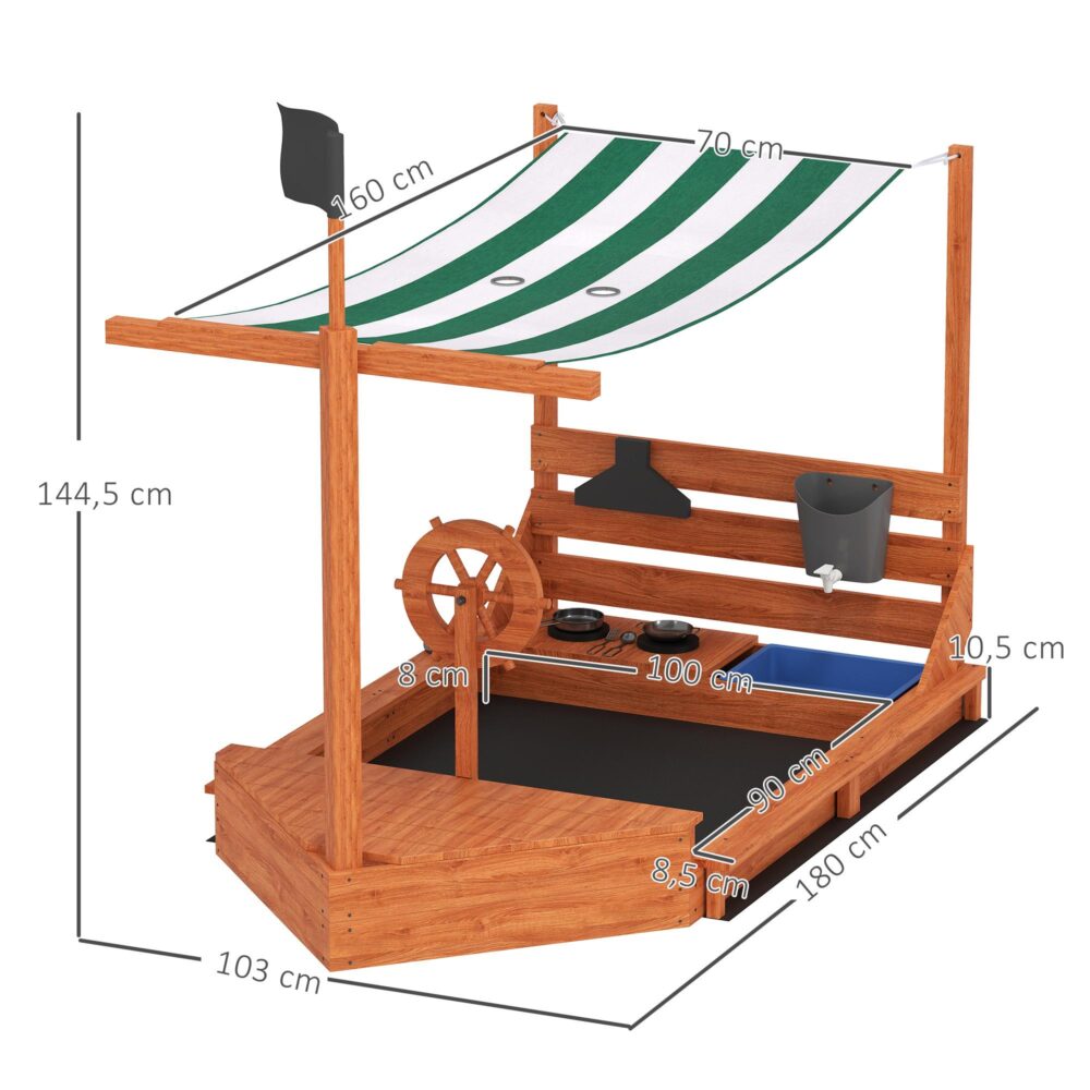 Stor sandlåda med piratskepp i trä med kökslekset och solskydd | Bottenfri design för enkel dränering | Robust konstruktion av granträ | Dimensioner 180x103x144.5 cm | Kapacitet 0,7 m³/110 kg | 3-7 år