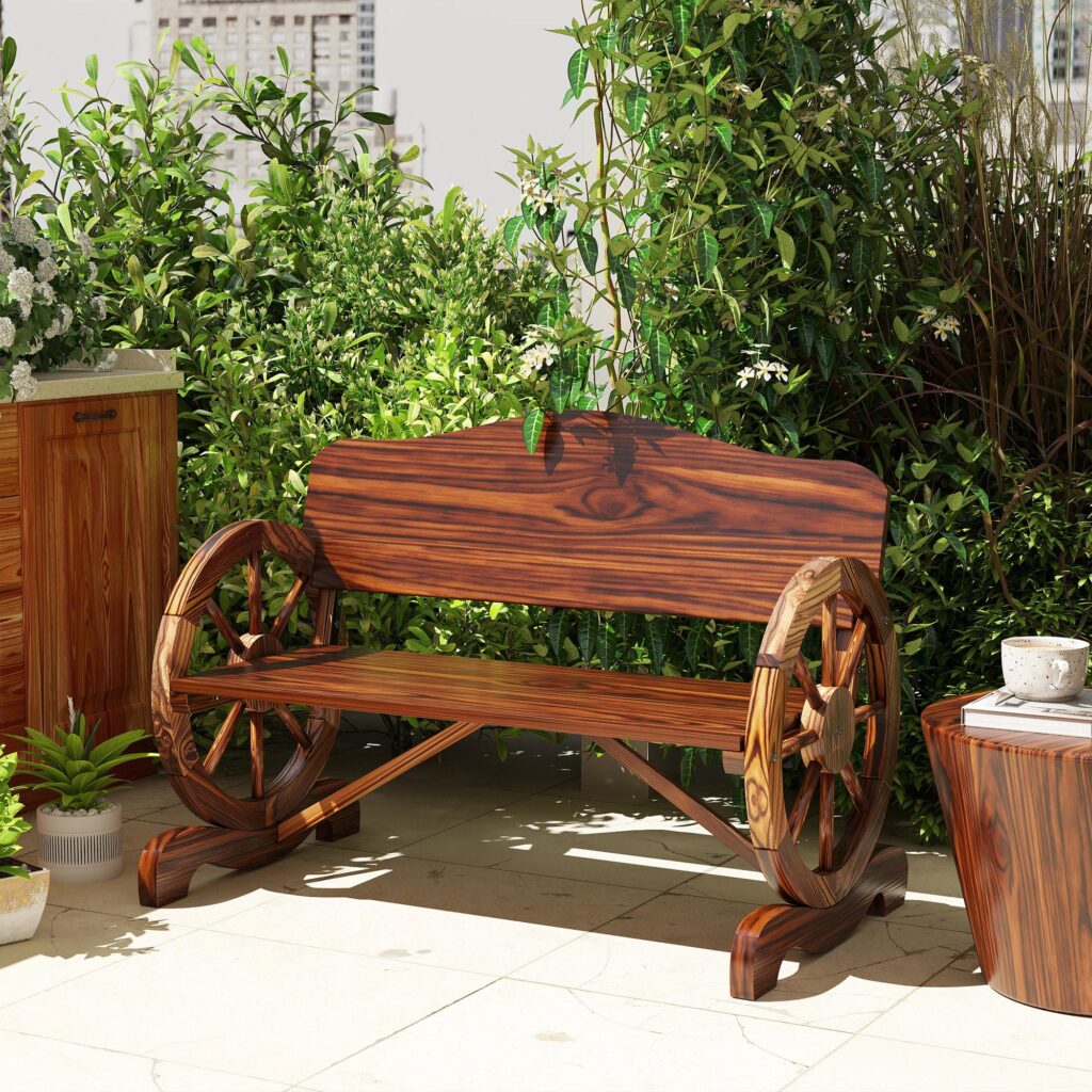 Rustic Charm trädgårdsbänk med hjulformade armstöd - slitstark 2-sits i trä för utomhuskomfort