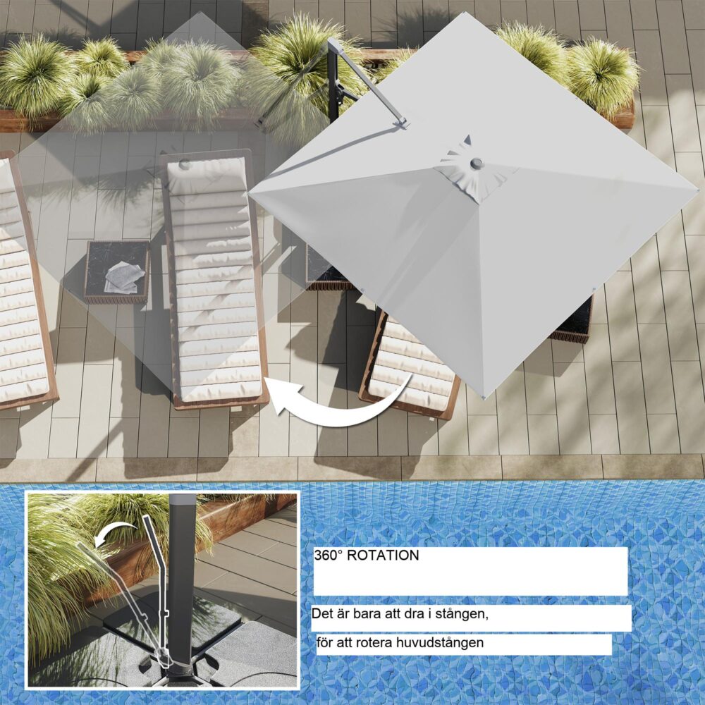 Alu fribärande parasoll 3x3m med starkt kapell och ventilation | 360° roterbara och justerbara lutningsalternativ för maximal skugga