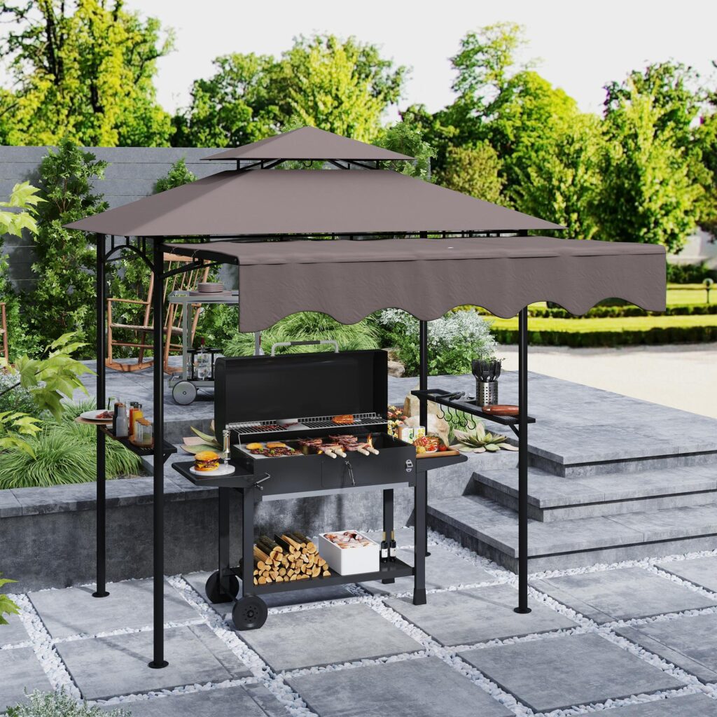 Justerbar grillpaviljong med dubbelskiktat flamskyddat tak, vattenavvisande och UV 30+ skydd, sidohyllor för förvaring