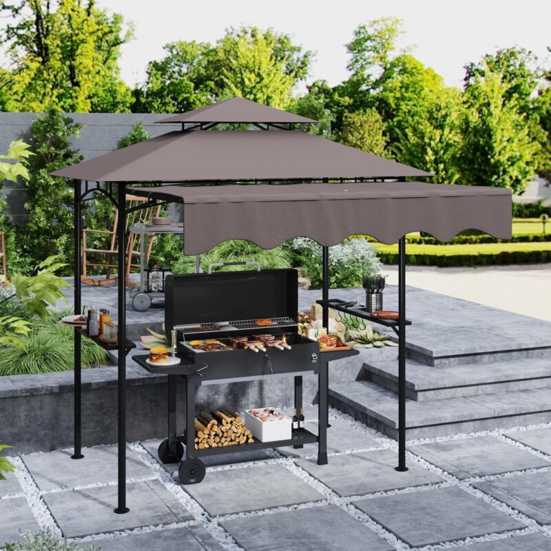 Justerbar grillpaviljong med dubbelskiktat flamskyddat tak, vattenavvisande och UV 30+ skydd, sidohyllor för förvaring
