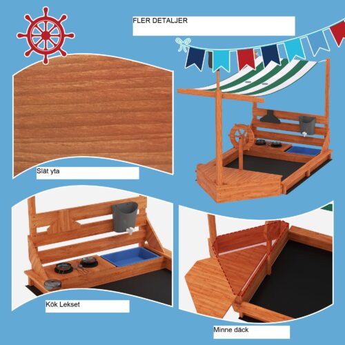 Stor sandlåda med piratskepp i trä med kökslekset och solskydd | Bottenfri design för enkel dränering | Robust konstruktion av granträ | Dimensioner 180x103x144.5 cm | Kapacitet 0,7 m³/110 kg | 3-7 år