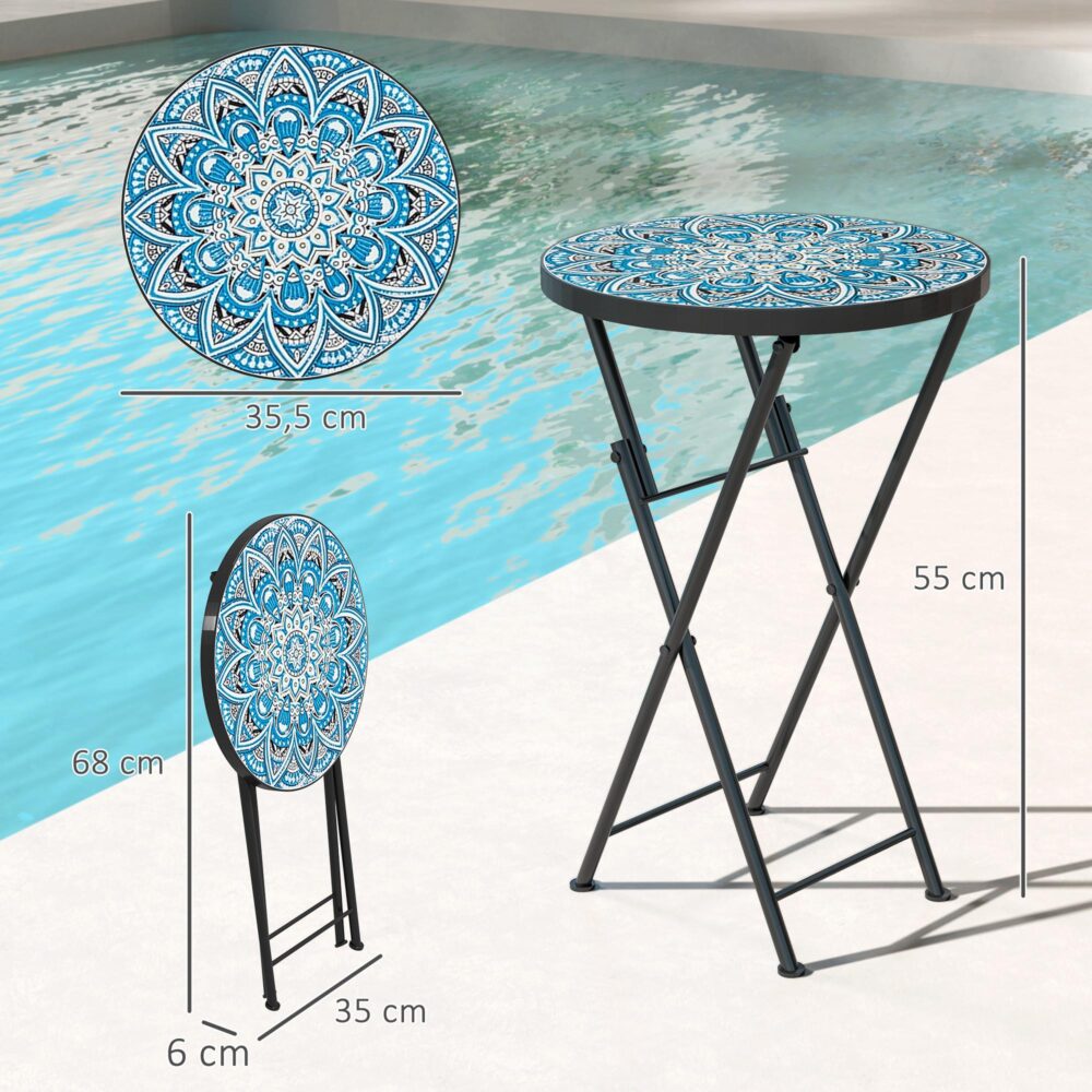 Hopfällbart trädgårdsbord med mosaikdesign, väderbeständigt och platsbesparande, Blå+Vit+Svart