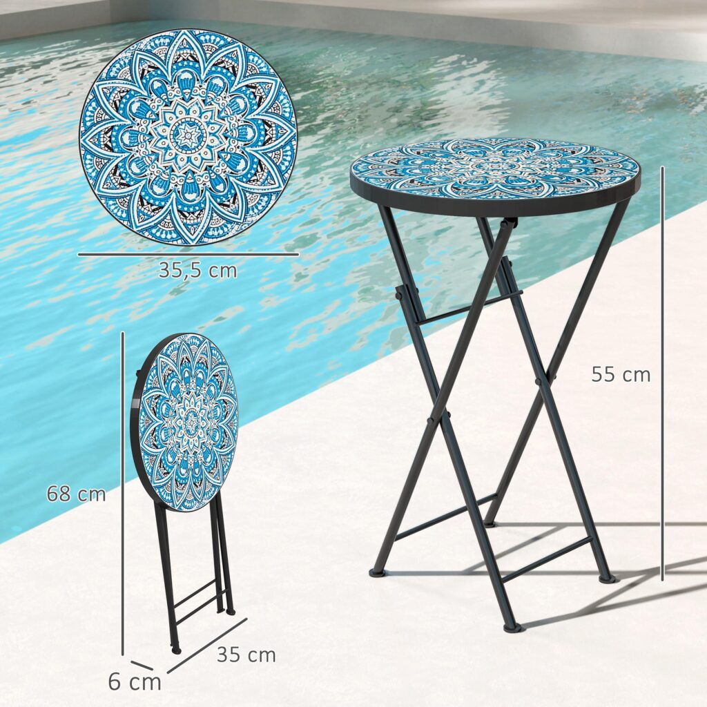Hopfällbart trädgårdsbord med mosaikdesign, väderbeständigt och platsbesparande, Blå+Vit+Svart