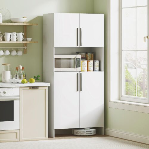 Högt köksskåp med mikrovågshylla och soft close-dörrar – rymlig förvaring, modern vit design för kök och matsal