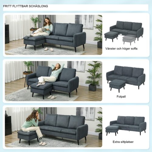Hörnsoffa med sovfunktion | Modern L-formad soffa med fotpall och 3 kuddar