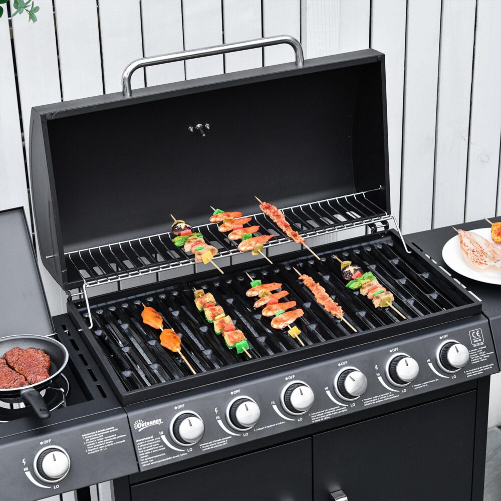 Gasgrillvagn med 6 brännare med sidobrännare och värmeställ – perfekt för familjesammankomster, multifunktionell design med skåpförvaring och hyllor
