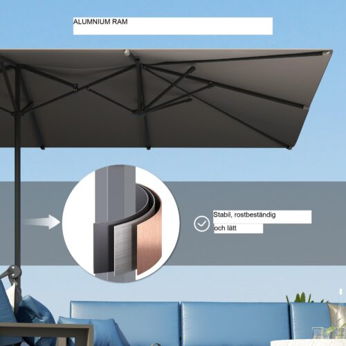 Dubbelt parasoll med vev – UV-skydd 50+ | Skugga för 4-6 personer | Aluminiumram och vindtät design för användning på trädgårdsterrassen