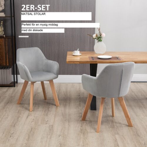 Elegant set med 2 matstolar med armstöd och ryggstöd | Grå sammetsklädsel | Ergonomisk komfort och stadiga träben | Enkel montering