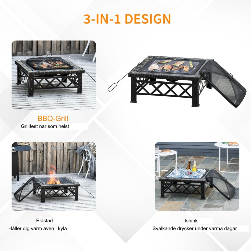 3-i-1 Fire Bowl Fire Basket Fire Pit med gnistskydd och grillgaller - snygg skifferdesign för perfekta trädgårdssammankomster