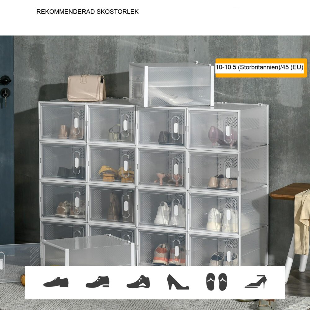 Set med 18 skoboxar med magnetiska dörrar – Platsbesparande organisatör för skor upp till storlek 45, transparent design, hållbar plastkonstruktion