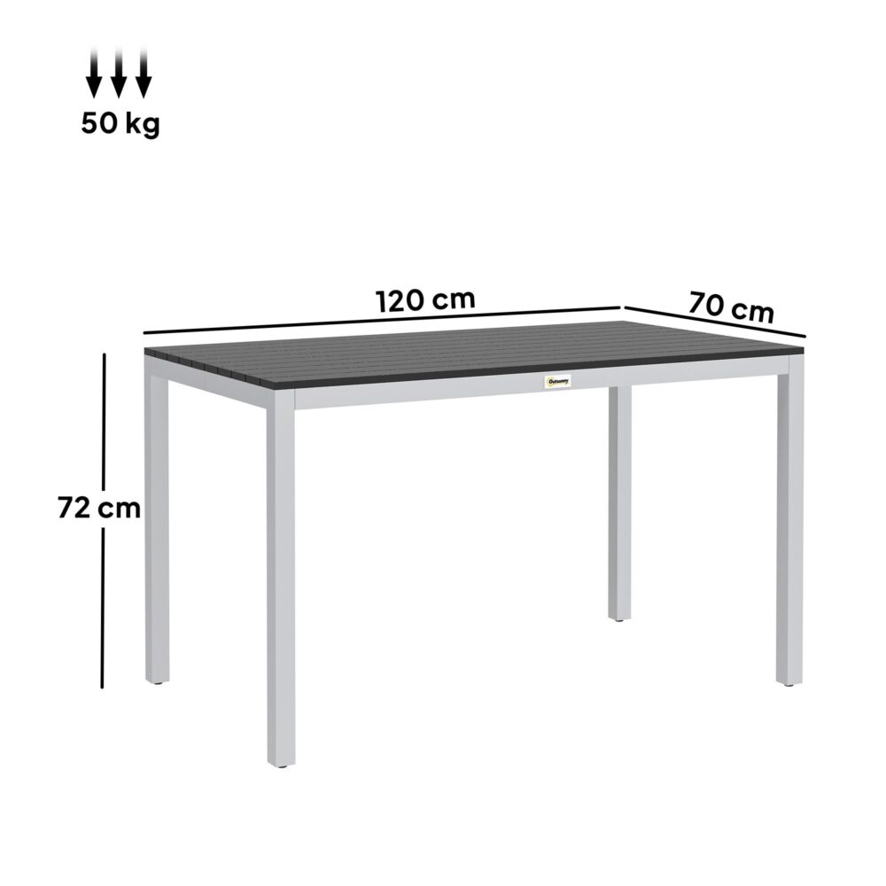 Trädgårdsbord i aluminium 120x70cm väderbeständigt altanbord med träeffektfinish, lätt att rengöra yta för 4-6 personer