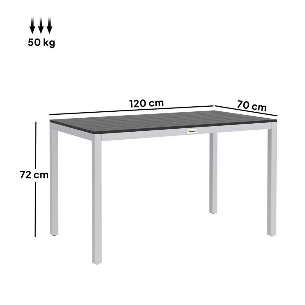Trädgårdsbord i aluminium 120x70cm väderbeständigt altanbord med träeffektfinish, lätt att rengöra yta för 4-6 personer