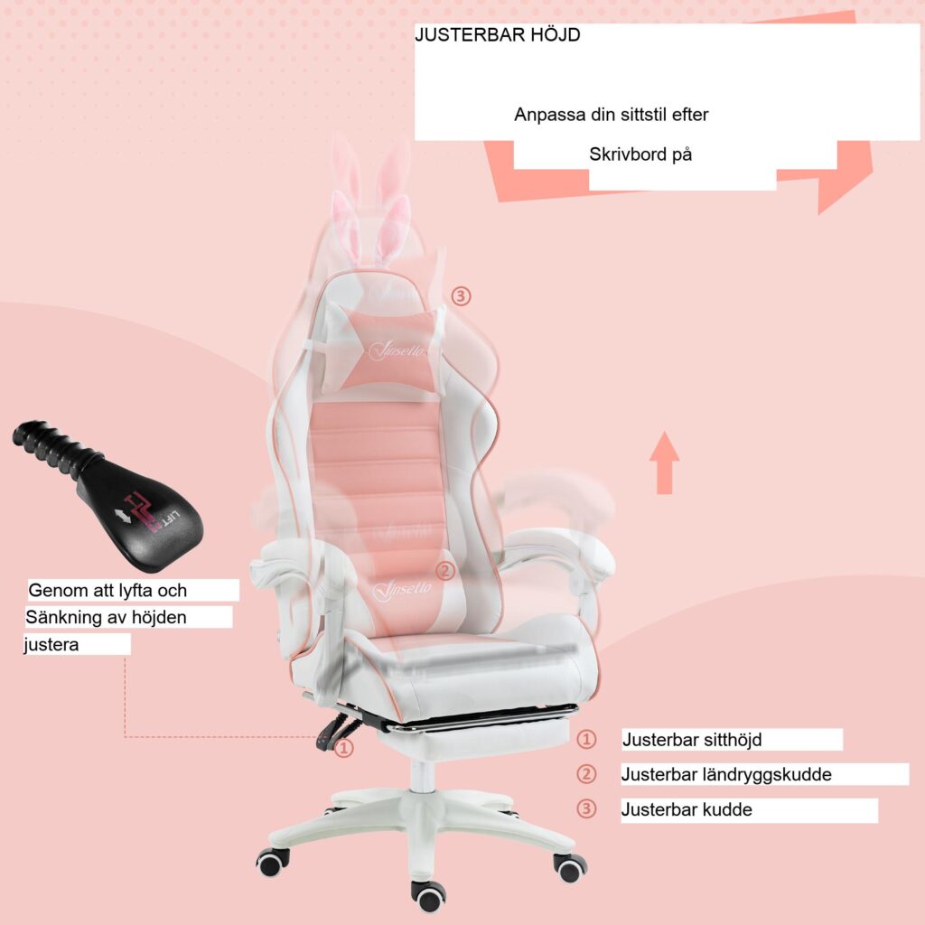 Ergonomisk spelstol med kaninöron - justerbar höjd och lutningsfunktion, utdragbart fotstöd, svankstöd, rosa