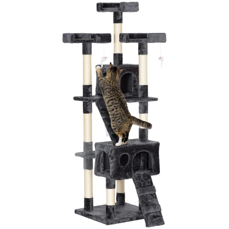 Extra stort klösträd med klätterstruktur i flera nivåer | Mjuk plysch katt tillflyktsort | Robust design med 3 sittpinnar, 2 hus, stegar och dinglande musleksaker