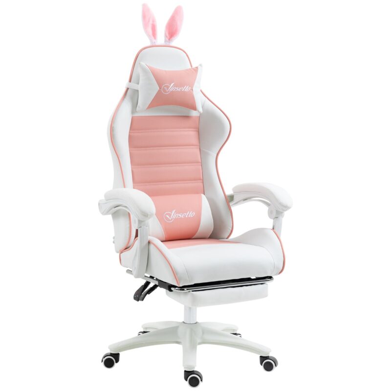 Ergonomisk spelstol med kaninöron – justerbar höjd och lutningsfunktion, utdragbart fotstöd, svankstöd, rosa