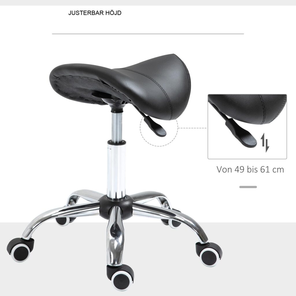 Ergonomisk sadelpall, höjdjusterbar från 49cm-61cm, svängbar med 5 hjul för kontor och hem