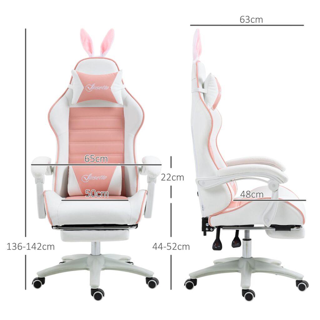 Ergonomisk spelstol med kaninöron - justerbar höjd och lutningsfunktion, utdragbart fotstöd, svankstöd, rosa
