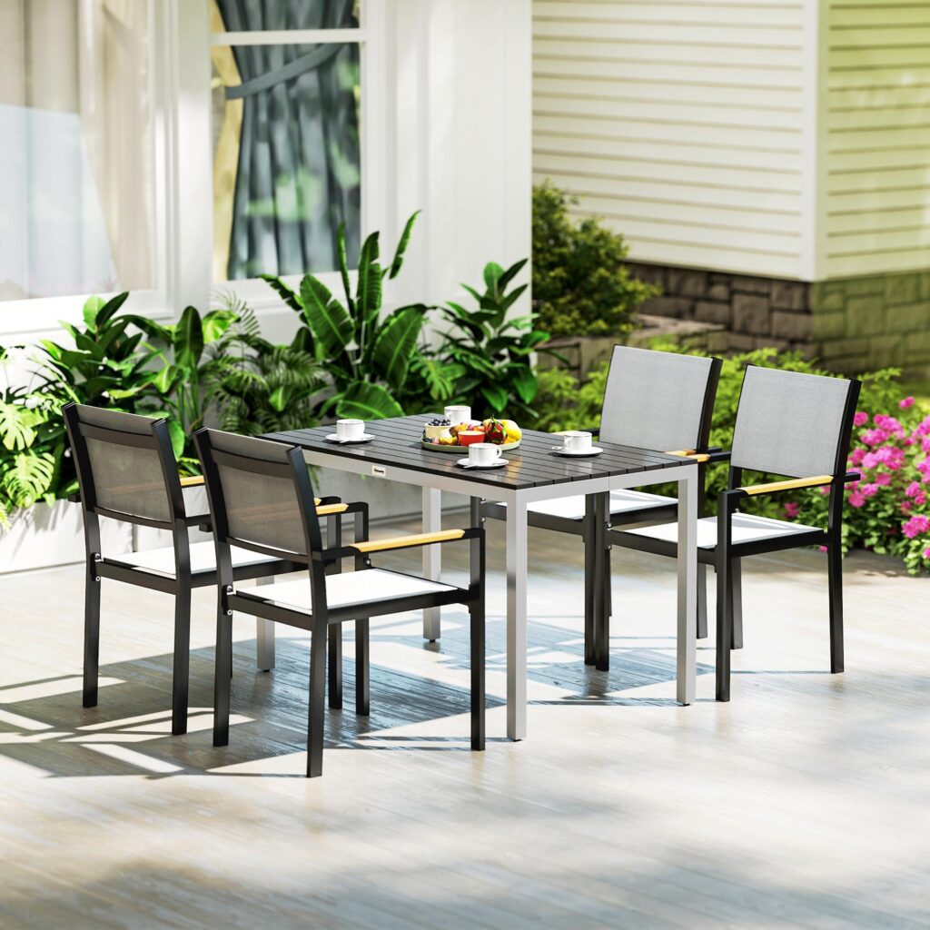 Trädgårdsbord i aluminium 120x70cm väderbeständigt altanbord med träeffektfinish, lätt att rengöra yta för 4-6 personer