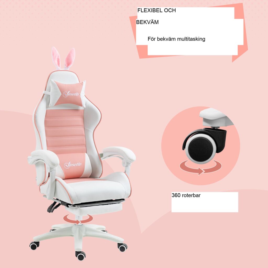 Ergonomisk spelstol med kaninöron - justerbar höjd och lutningsfunktion, utdragbart fotstöd, svankstöd, rosa
