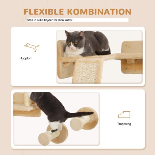 Katt klättervägg set – Platsbesparande 3-delade kattmöbler med klösstolpar och hoppplattformar | Slitstark spånskiva | Väggmonterad