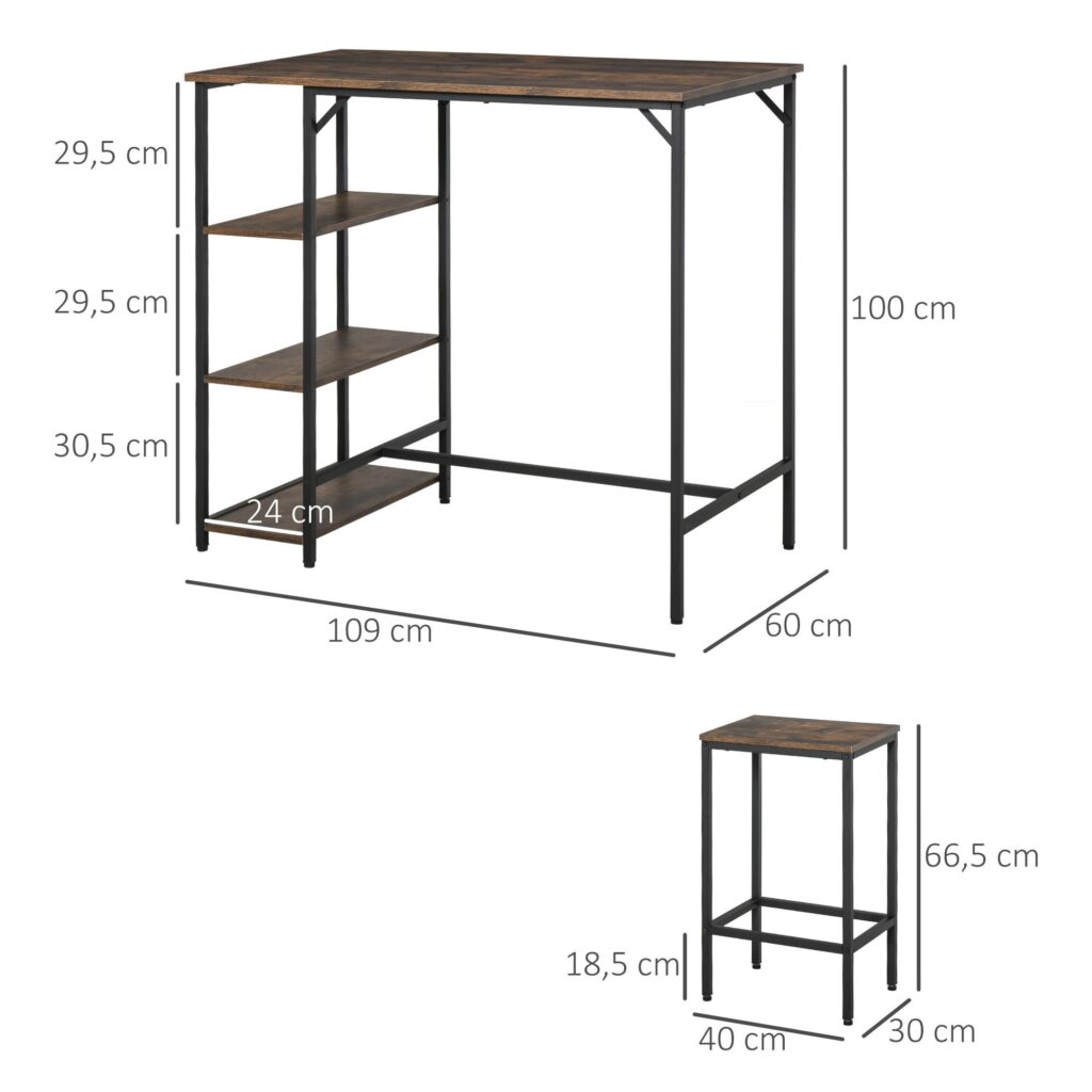 Barbordsset 3 delar med platsbesparande design, hylla och fotstöd i 3 nivåer, rustikt brunt/svart, spånskiva/stål