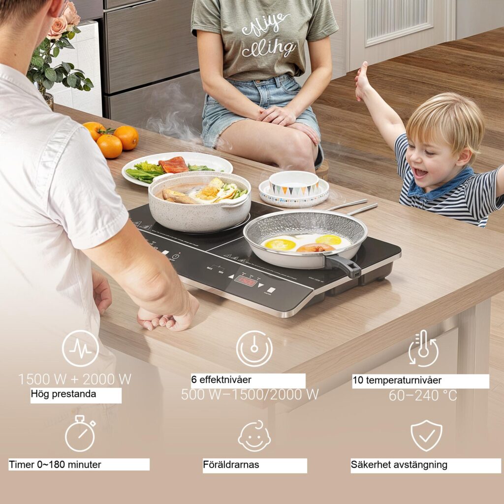 Induktionshäll med dubbla plattor med 8 effektnivåer och 10 temperaturinställningar, barnlåssäkerhet och effektiv samtidig matlagning