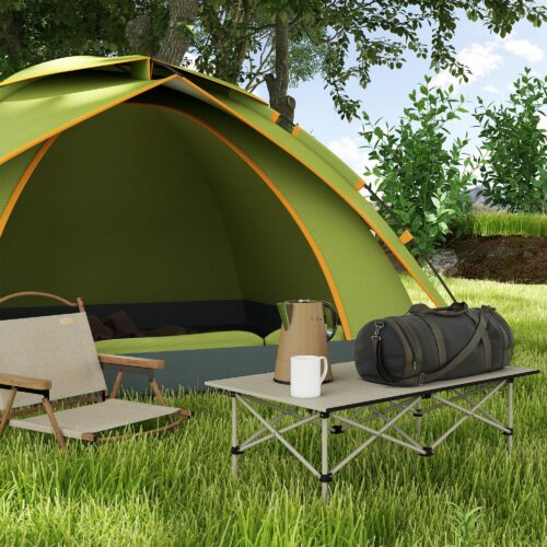 Hopfällbart campingbord med upprullningstopp och X-ram i aluminium – bärbart, hållbart trädgårdsbord för 2 personer, lätt att bära i medföljande väska | Khaki