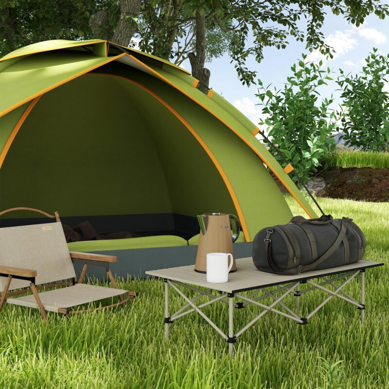 Hopfällbart campingbord med upprullningstopp och X-ram i aluminium – bärbart, hållbart trädgårdsbord för 2 personer, lätt att bära i medföljande väska | Khaki