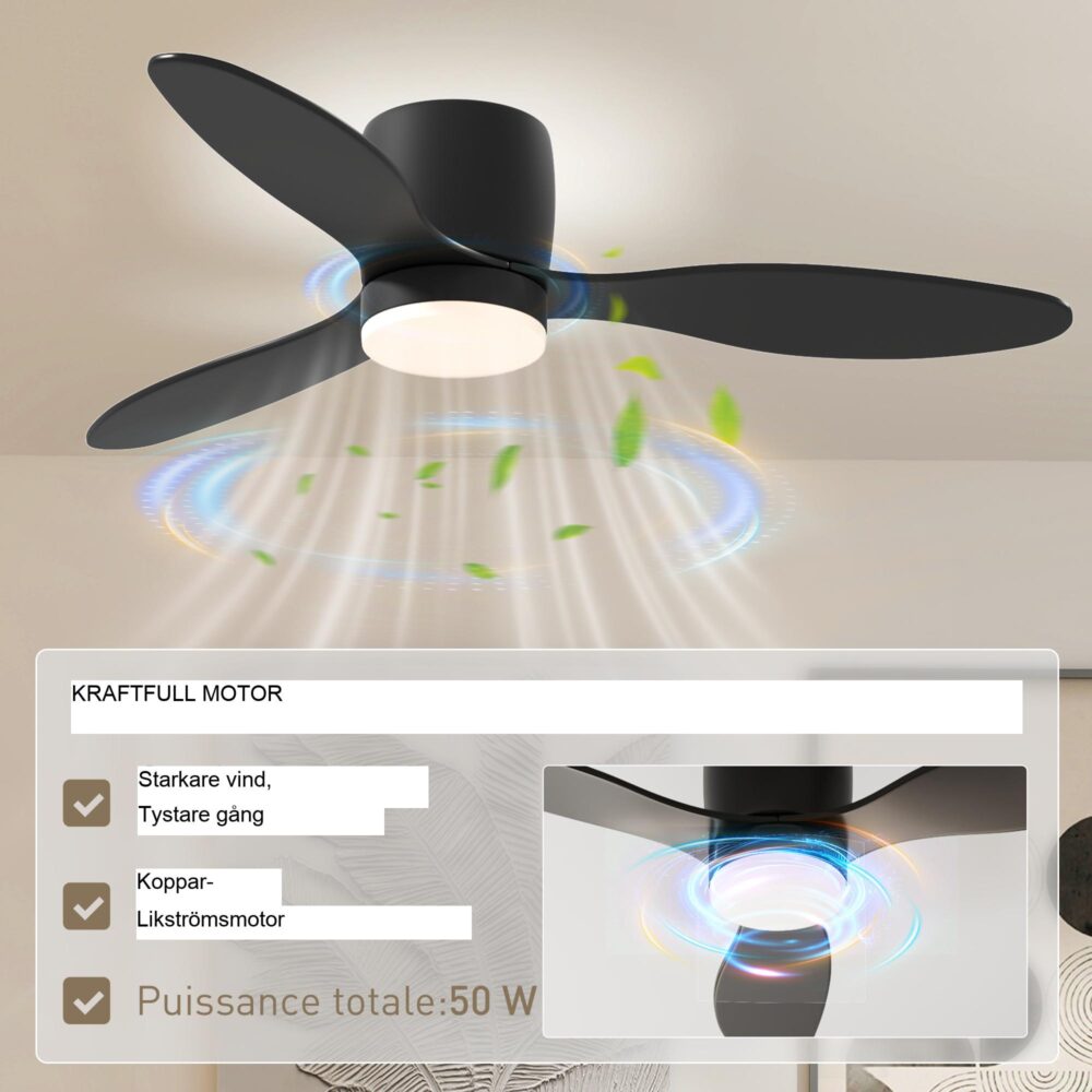 Takfläkt med belysning och fjärrkontroll | 115cm LED-lampa, reversibel likströmsmotor, 6 hastigheter, timer för sovrum