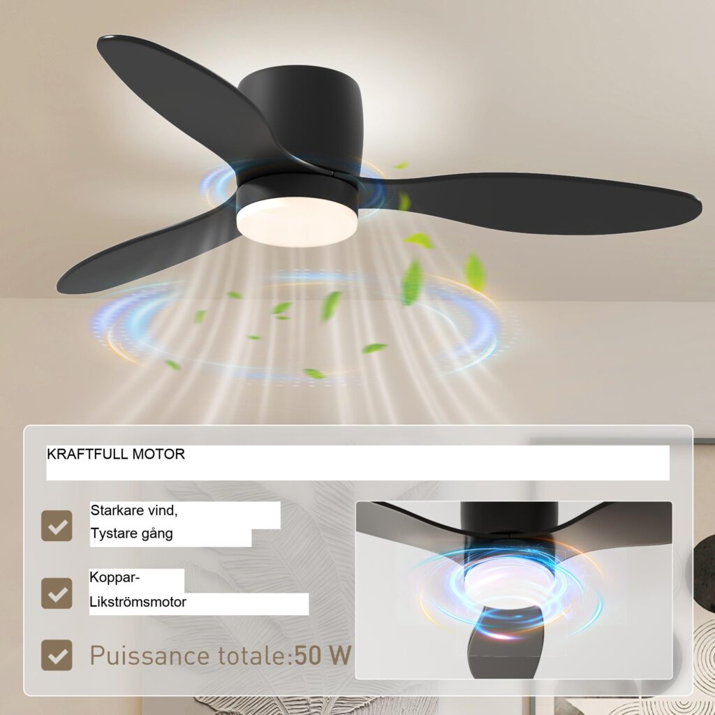 Takfläkt med belysning och fjärrkontroll | 115cm LED-lampa, reversibel likströmsmotor, 6 hastigheter, timer för sovrum