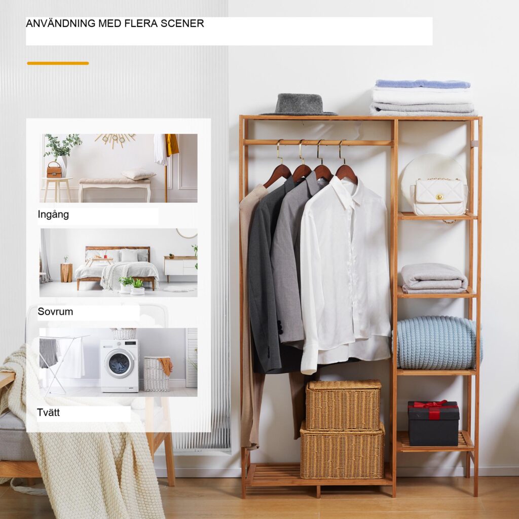 Bambu klädhängare med hängande och hopfällbar klädstång, kompakt design för små utrymmen, naturlig träfinish, säkerhetsremmar mot tippning
