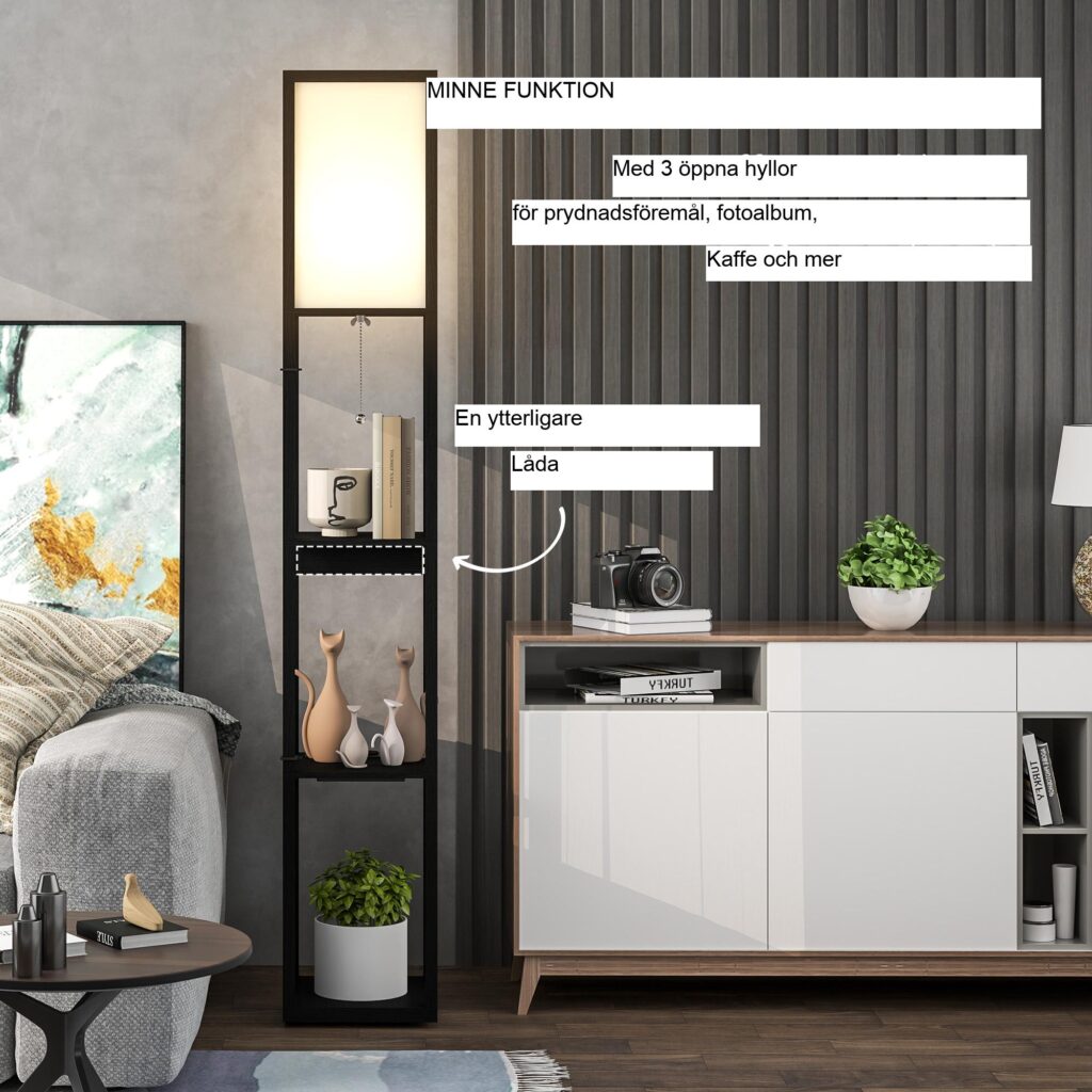 Golvlampa med inbyggda USB-A- och USB-C-laddningsportar, förvaringshylla med 3 fack, elegant modern design